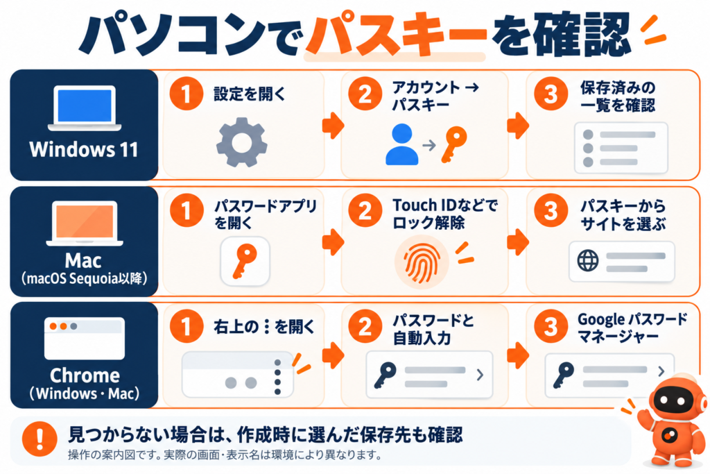 Windows 11は設定からアカウント、パスキーへ。Macはパスワードアプリで認証後にサイトを選択。Chromeは右上メニューからパスワードと自動入力、Google パスワード マネージャーへ進む案内図。右下にJPW robo。