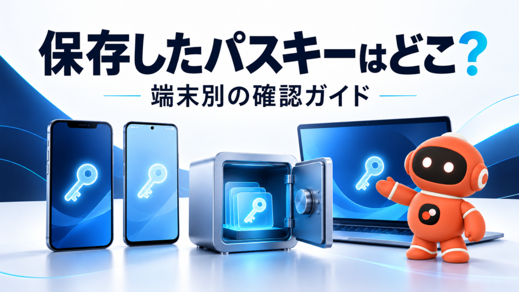 パスキーの鍵が表示されたスマートフォン、保管庫、ノートパソコンを、オレンジ色のJPW roboが案内するアイキャッチ